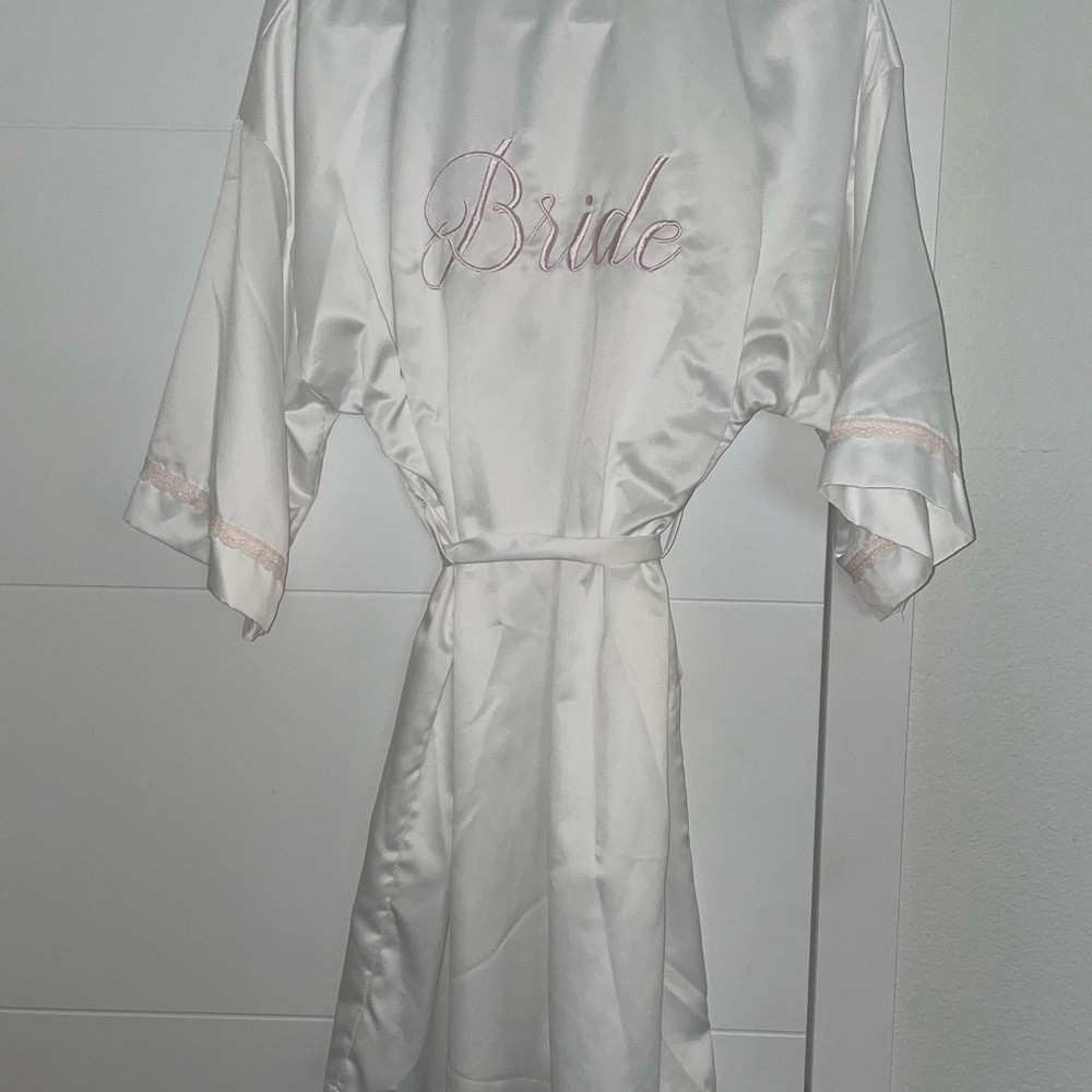 White Satin Bride Robe with Pink Embroidery